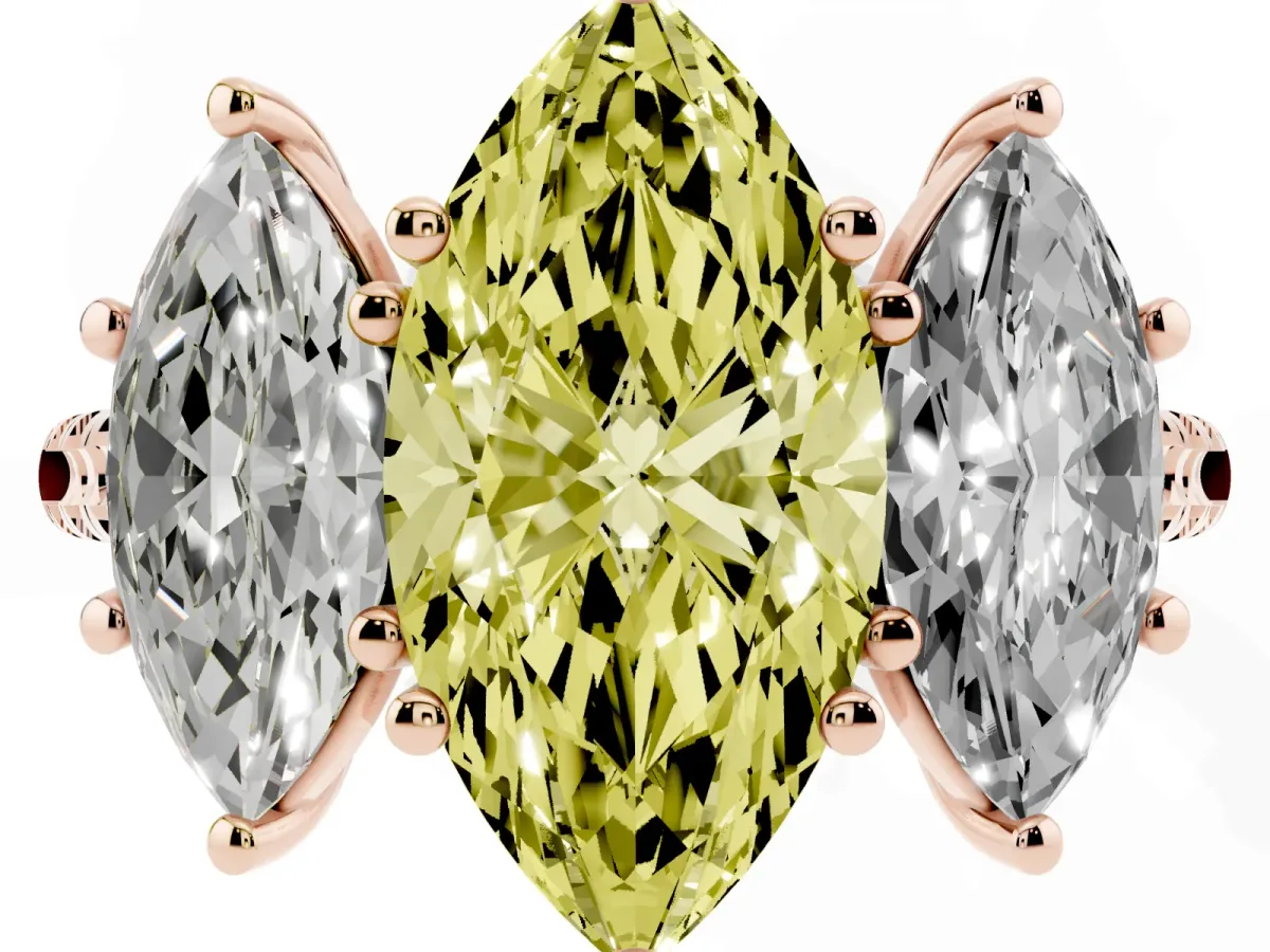 Fancy Yellow Three-Stone Marquise Cut Diamond Ring with Round Pavé Band and Prong Setting Rose gold