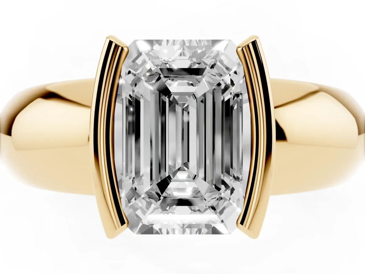 Emerald Cut Solitaire Tension Set Diamond Ring with Wide Band Yellow gold