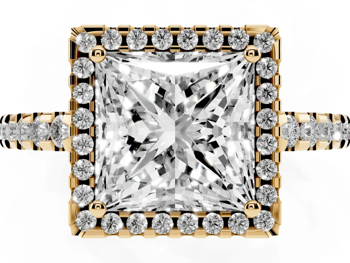 Princess Cut Diamond Halo Engagement Ring with Pavé Band and Prong Setting Yellow gold