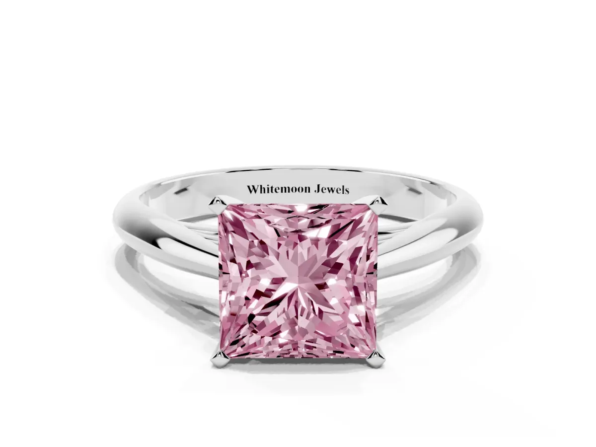 Fancy Pink Princess Cut Diamond Solitaire Engagement Ring with Cathedral Setting and Four-Prong Mount Silver