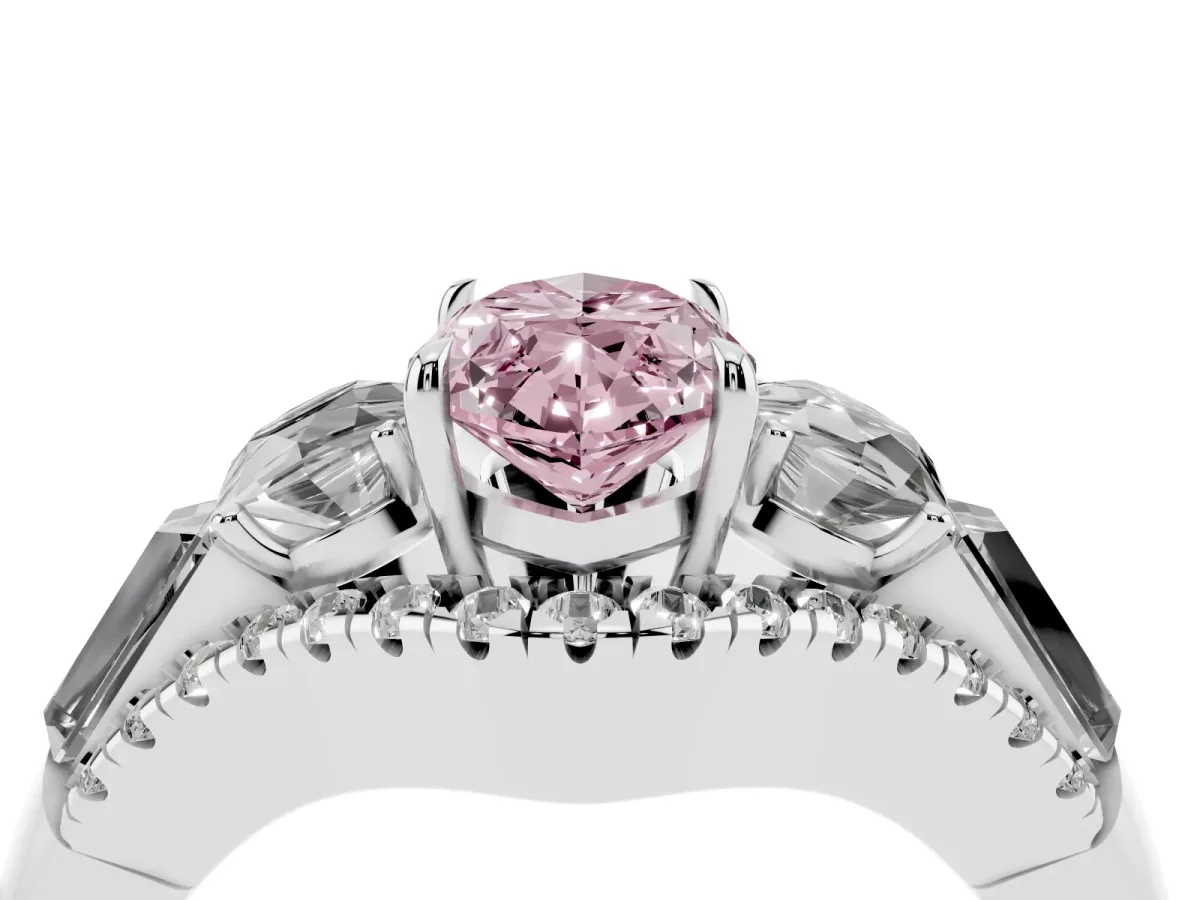 Fancy Pink Three-Stone Marquise Cut Diamond Engagement Ring with Pave Band and Prong Setting Silver