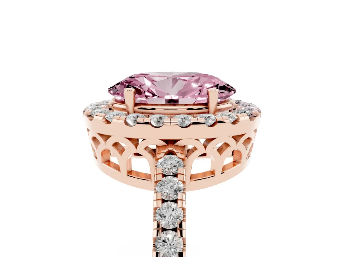 Fancy Pink Oval Cut Halo Diamond Engagement Ring with Pavé Band and Four-Prong Setting Rose gold
