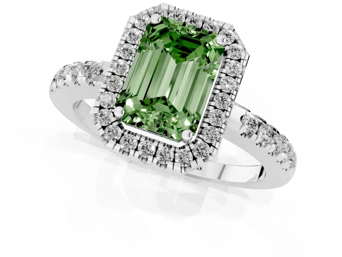 Fancy Green Emerald Cut Halo Diamond Engagement Ring with Pavé Band and Four-Prong Setting Silver