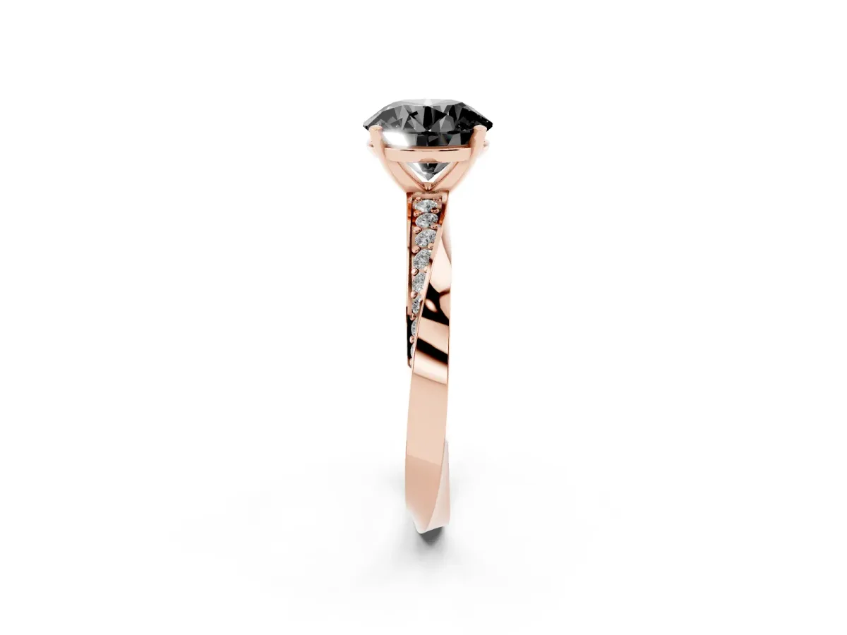 Fancy Black Round Cut Diamond Engagement Ring with Side Stone Accents and Four-Prong Setting Rose gold