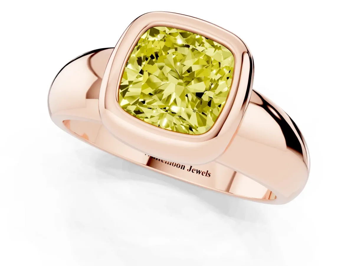 Fancy Yellow Bezel Set Cushion Cut Solitaire Ring with Wide Band Rose gold