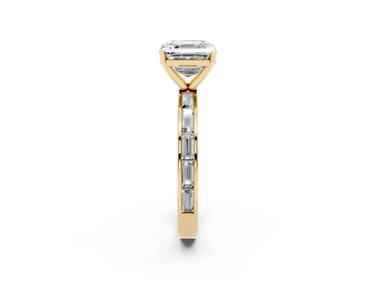 Asscher Cut Solitaire Diamond Ring with Channel-Set Baguette Band and Four-Prong Setting Yellow gold