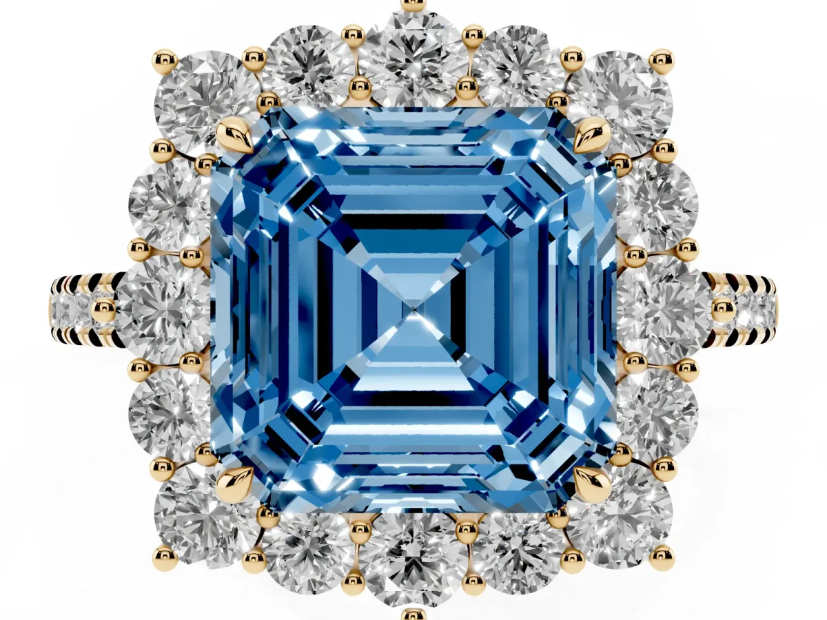 Fancy Blue Asscher Cut Halo Diamond Ring with Pavé Band and Prong Setting Yellow gold