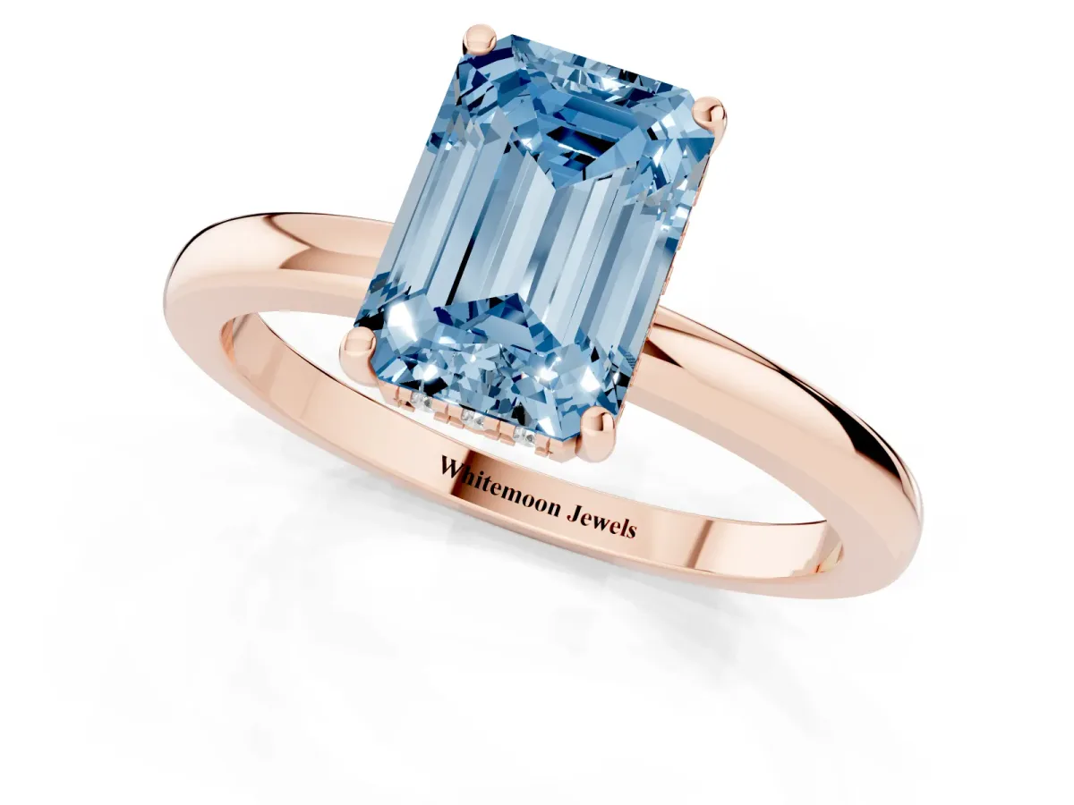 Fancy Blue Emerald Cut Solitaire Diamond Ring with Prong Setting and Plain Band Rose gold