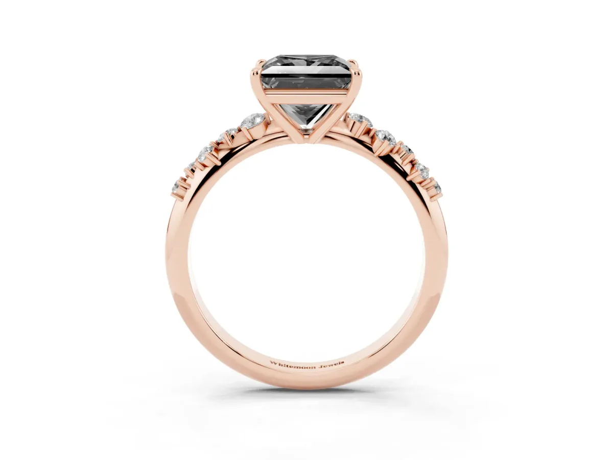 Fancy Black Princess Cut Diamond Cluster Side Stone Solitaire Ring with Prong Setting Rose gold