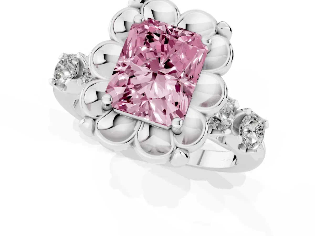 Fancy Pink Radiant Cut Cut Diamond Floral Halo Engagement Ring with Shared Prong Setting Silver