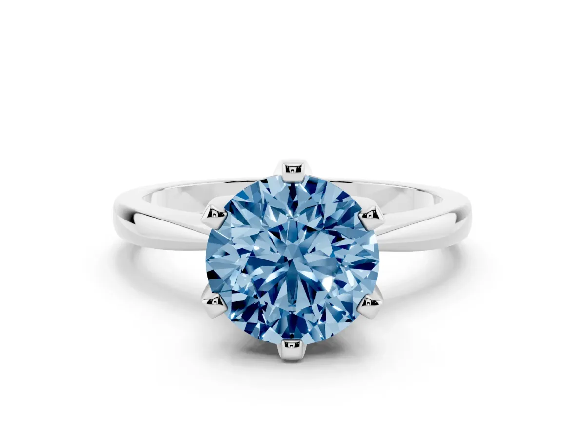 Fancy Blue Round Cut Solitaire Engagement Ring with Six-Prong Setting and Tapered Band White gold