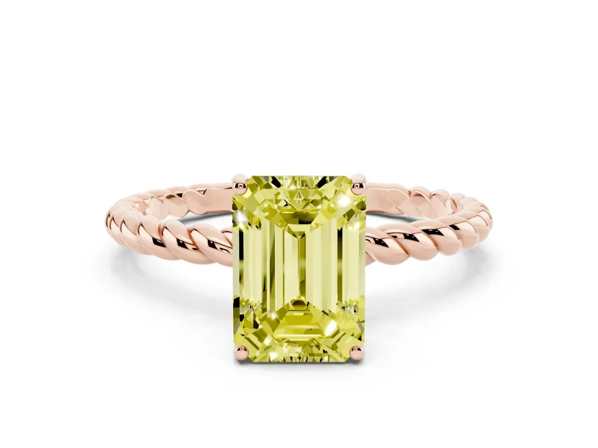 Fancy Yellow Emerald Cut Solitaire Twist Band Ring with Four-Prong Setting Rose gold