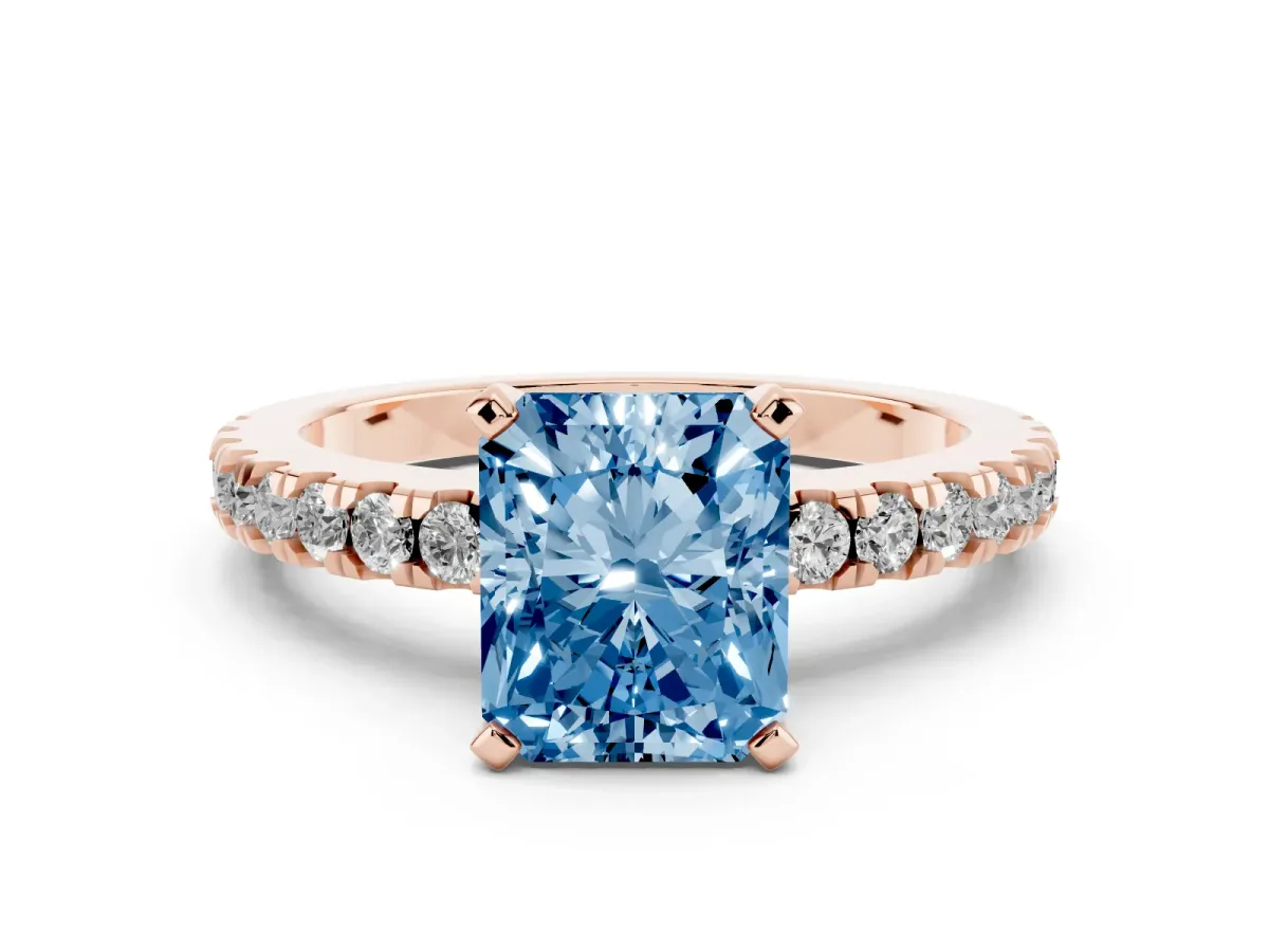 Fancy Blue Radiant Cut Solitaire Diamond with Pavé Band and Four-Prong Setting Rose gold