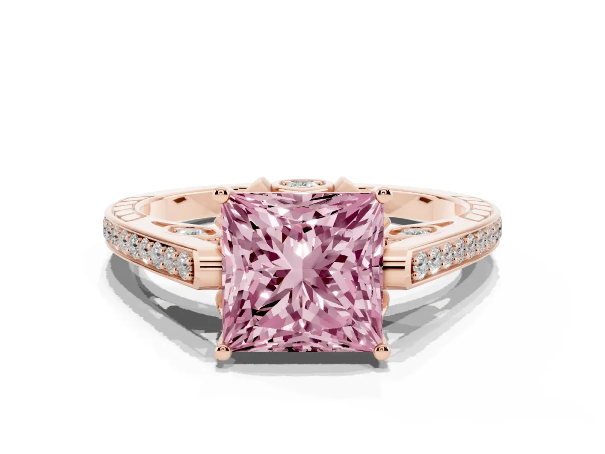 Fancy Pink Princess Cut Cut Cathedral Pave Diamond Engagement Ring with Six-Prong Setting Rose gold