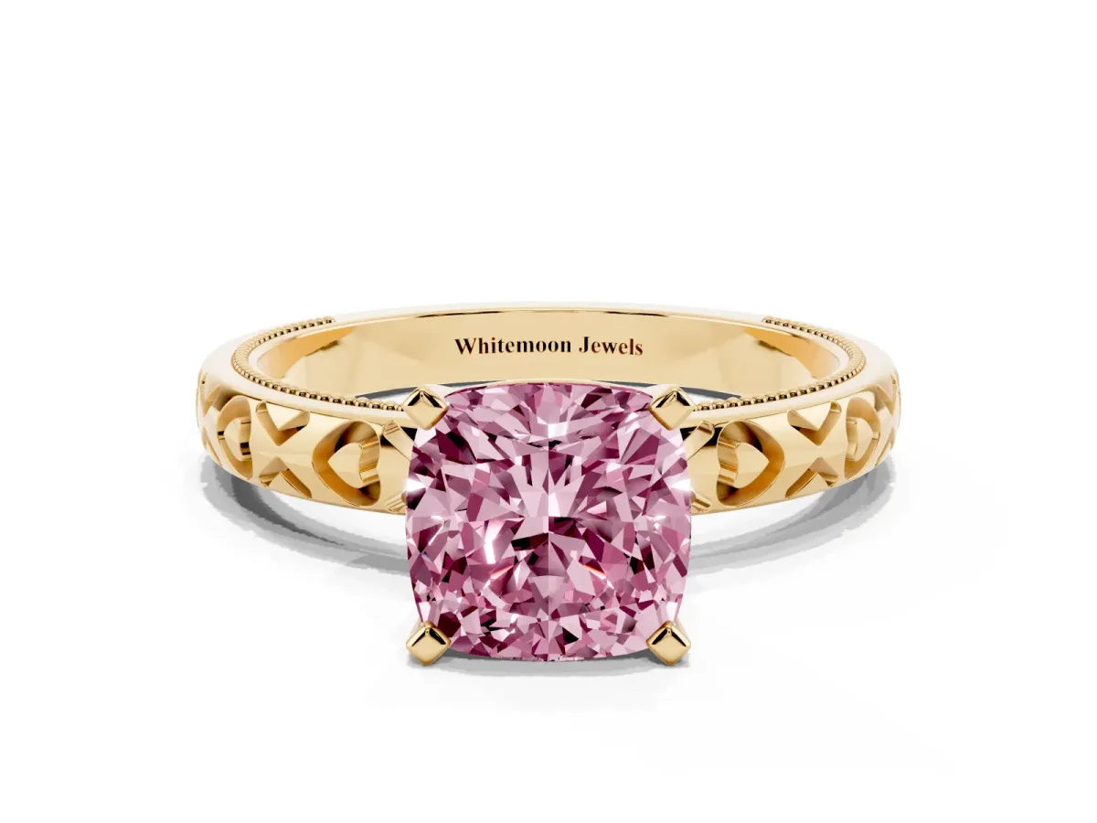 Fancy Pink Cushion Cut Solitaire Diamond Engagement Ring with XO Engraved Band and Four-Prong Setting Yellow gold