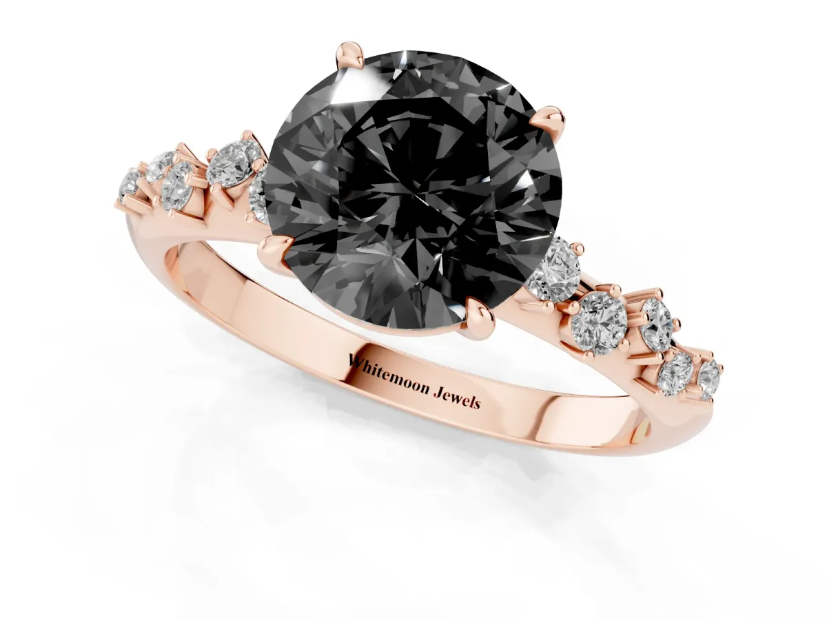 Fancy Black Round Cut Diamond Cluster Side Stone Solitaire Ring with Prong Setting Rose gold