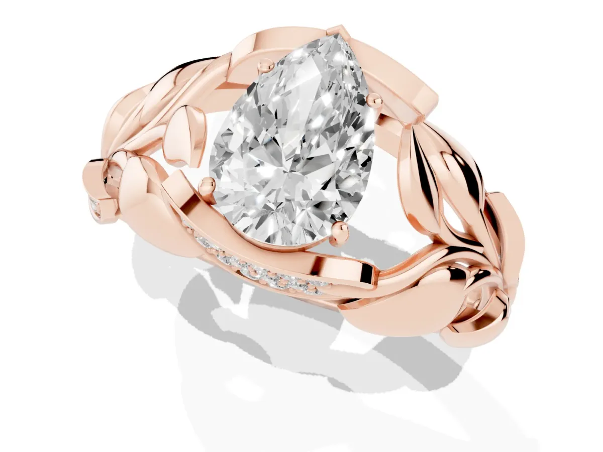 Pear Cut Diamond Leaf-Inspired Engagement Ring with Round Accents and Prong Setting Rose gold