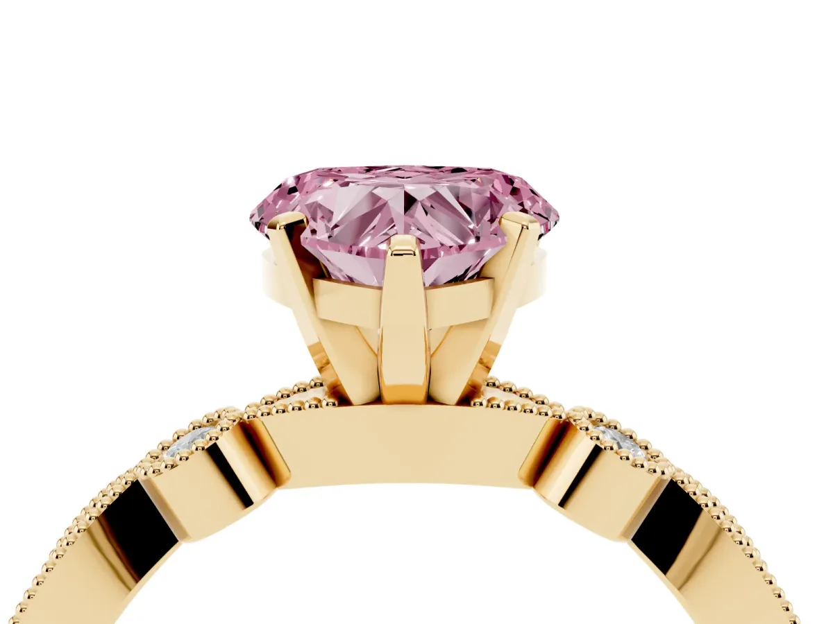 Fancy Pink Heart Cut Milgrain Bezel Diamond Engagement Ring with Solitaire Prong Setting Yellow gold