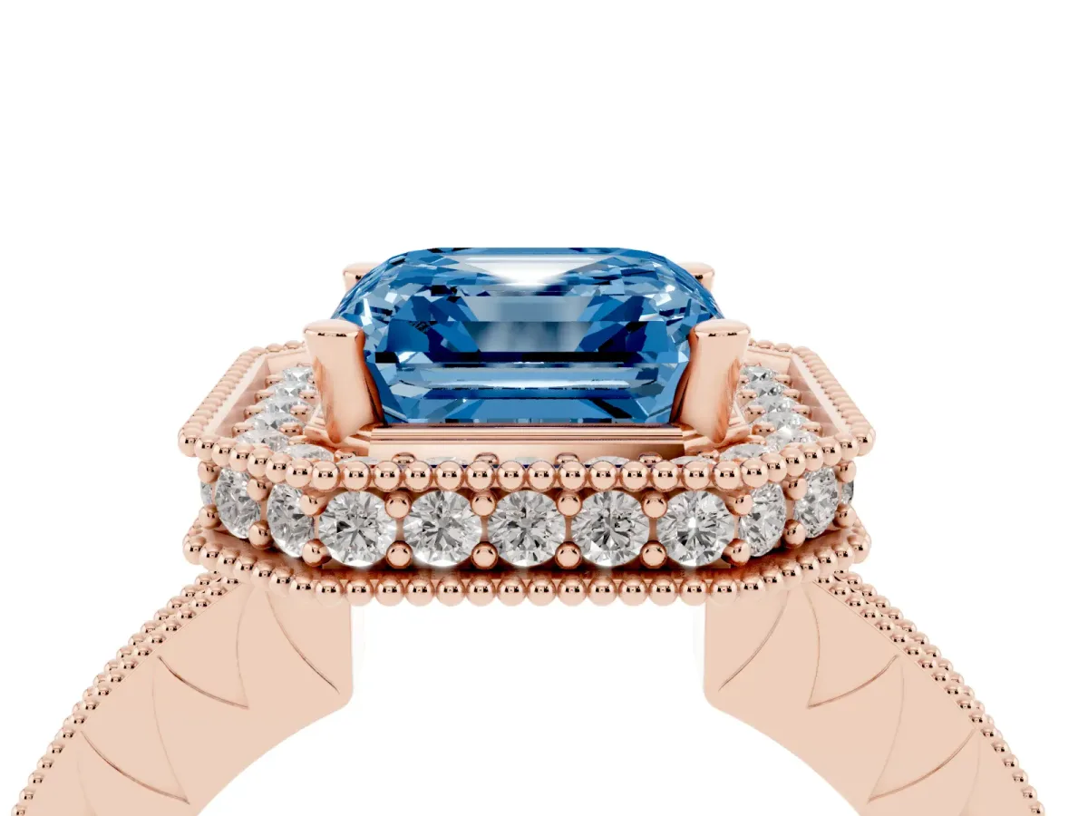 Fancy Blue Asscher Cut Diamond Milgrain Halo Engagement Ring with Round Pavé Band and Prong Setting Rose gold