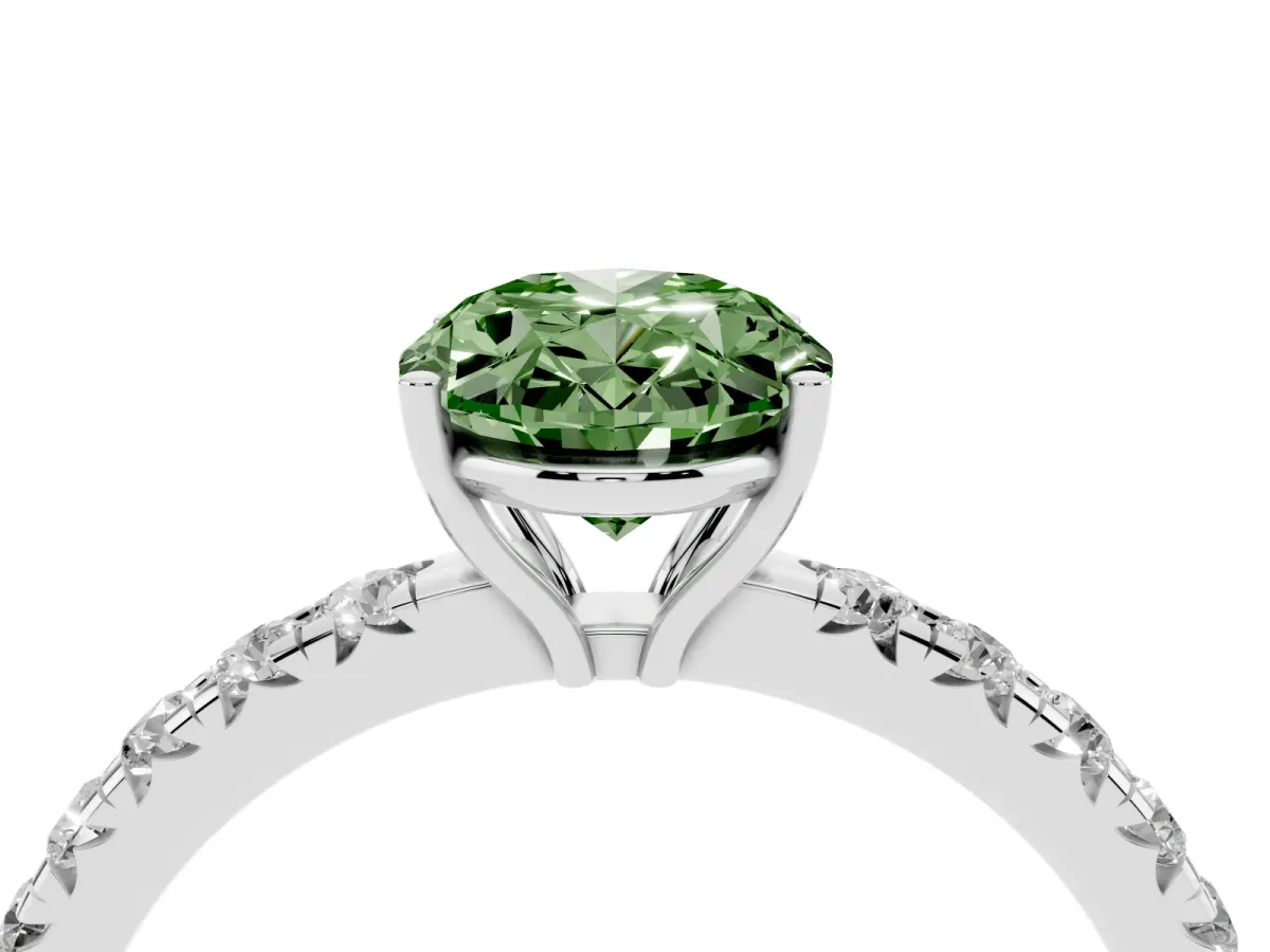 Fancy Green Oval Cut Diamond Pavé Solitaire Engagement Ring with Four-Prong Setting Platinum