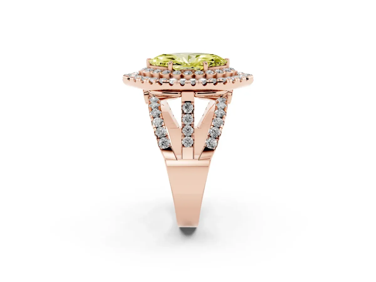 Fancy Yellow Marquise Cut Diamond Double Halo Ring with Round Pavé Split Shank and Prong Setting Rose gold