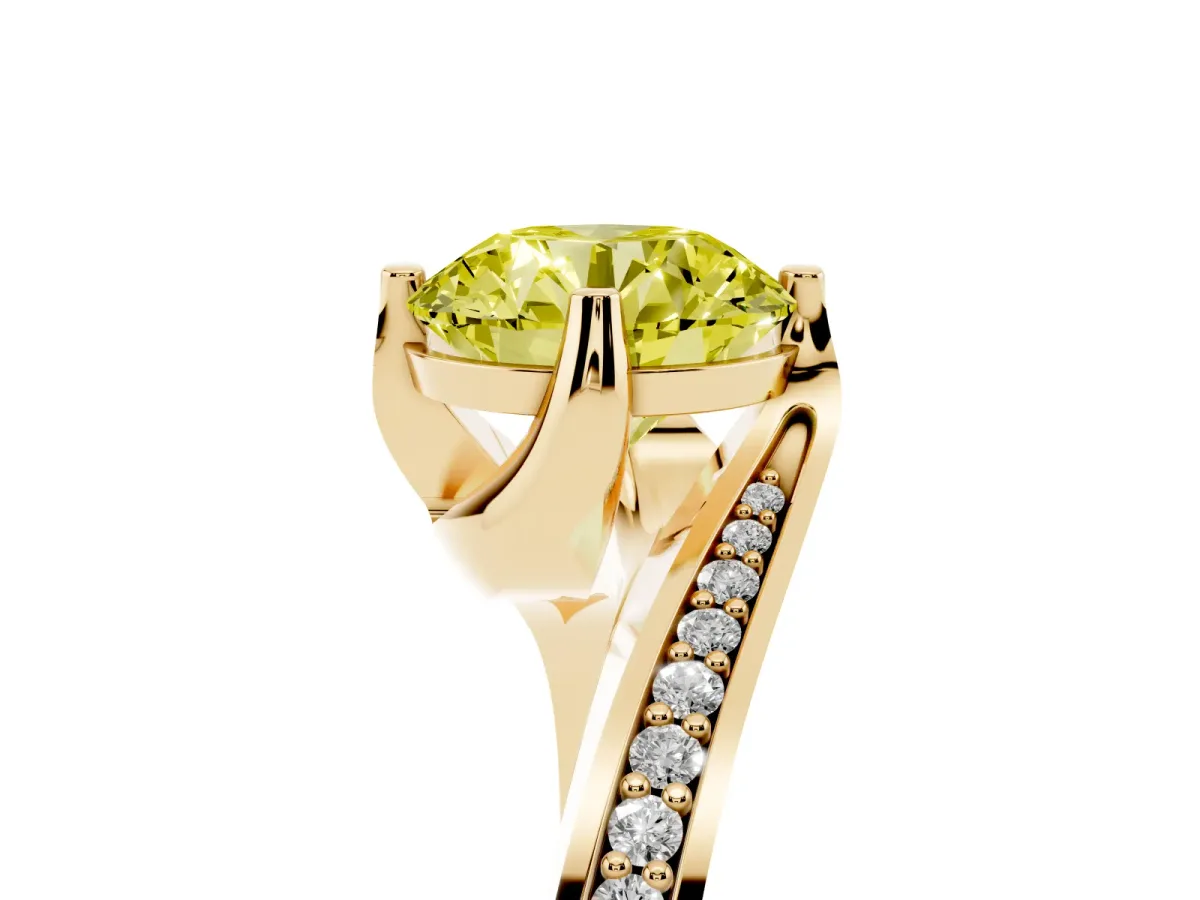 Fancy Yellow Round Cut Solitaire Diamond Twist Band with Pavé Setting and Four-Prong Setting Yellow gold
