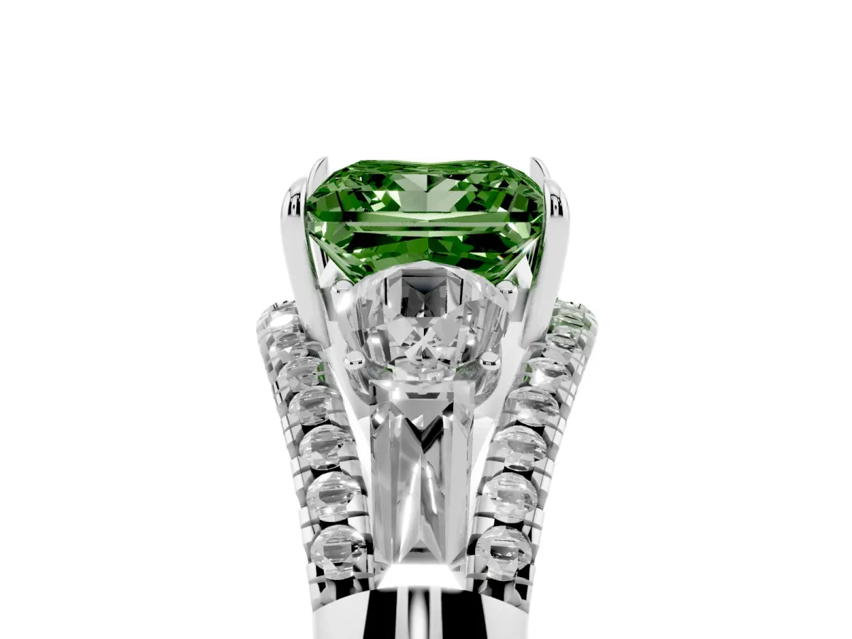 Fancy Green Three-Stone Princess Cut Diamond Engagement Ring with Pave Band and Prong Setting Silver