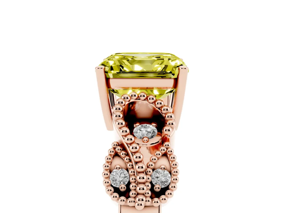 Fancy Yellow Asscher Cut Solitaire Milgrain Leaf Band with Prong Setting Rose gold