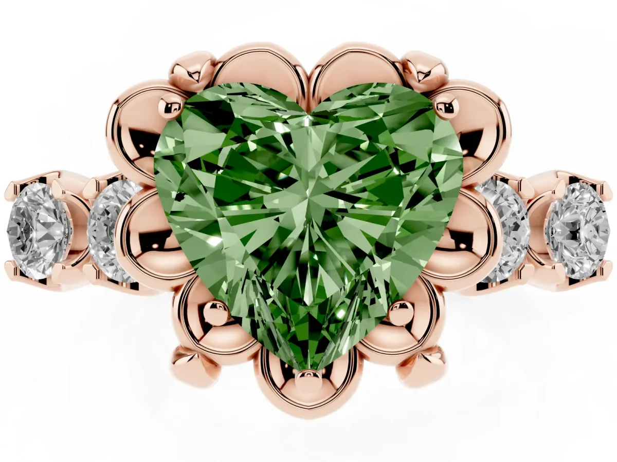 Fancy Green Heart Cut Cut Diamond Floral Halo Engagement Ring with Shared Prong Setting Rose gold