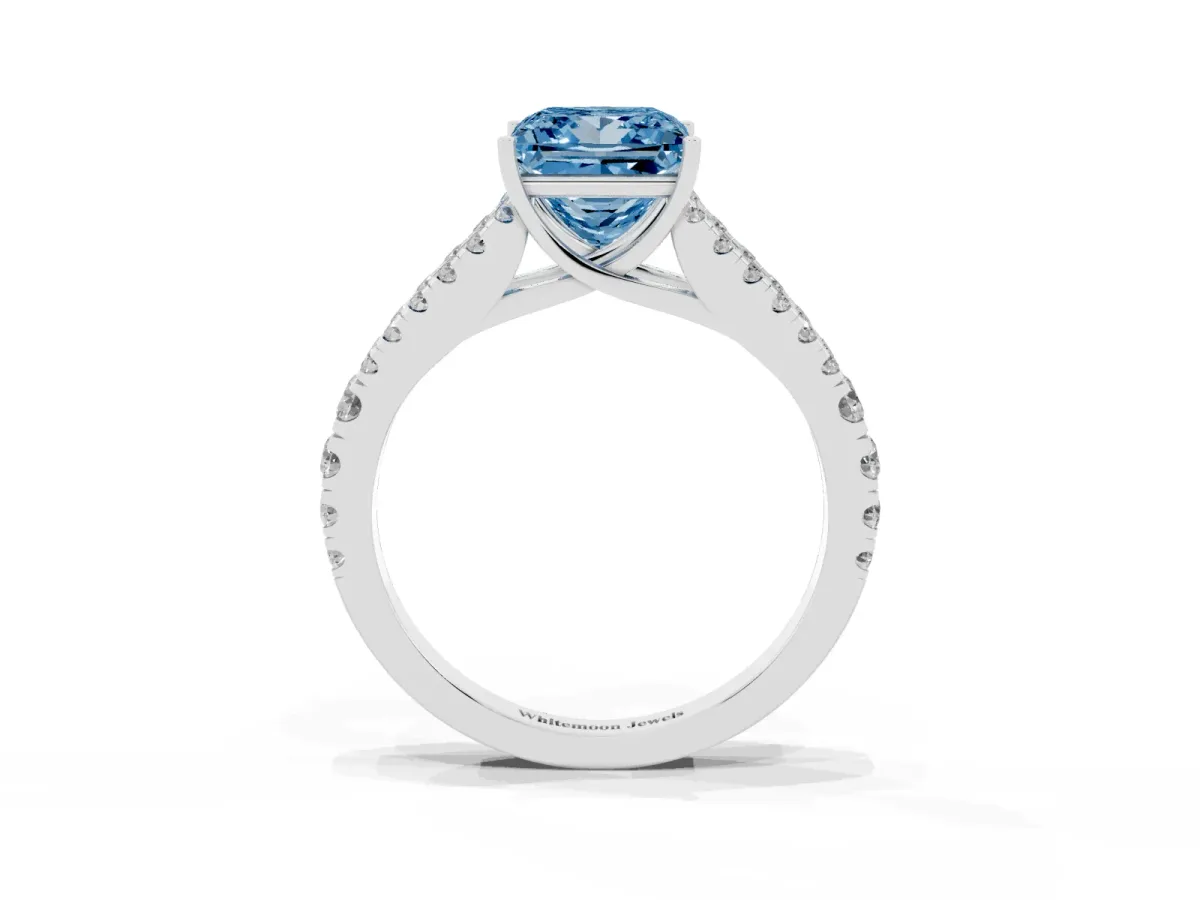 Fancy Blue Princess Cut Diamond Split Shank Engagement Ring with Round Pavé and Prong Setting Platinum