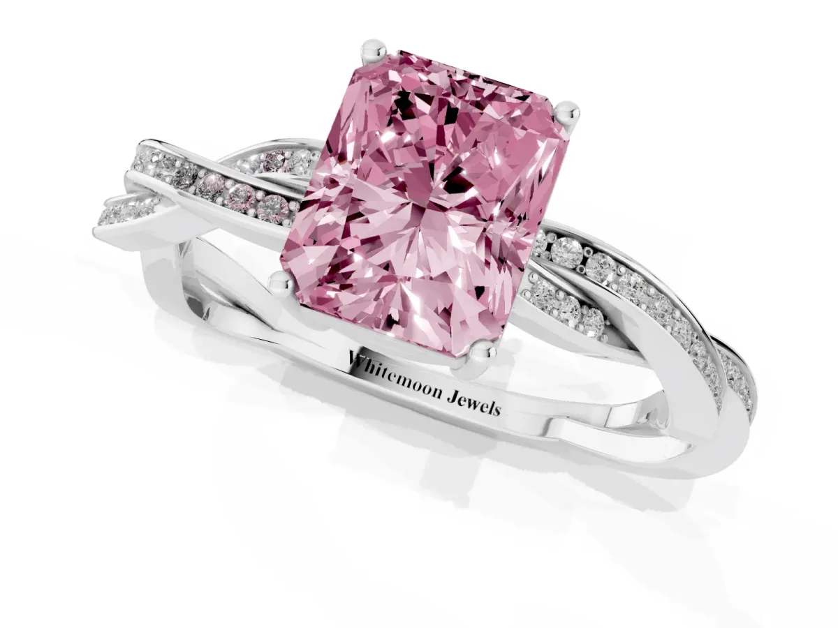 Fancy Pink Radiant Cut Solitaire Twisted Pave Diamond Ring with Four-Prong Setting Silver