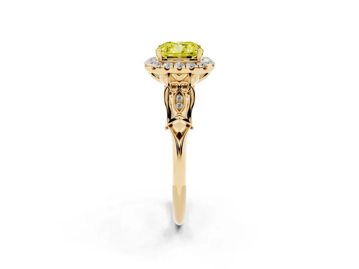 Fancy Yellow Cushion Cut Halo Diamond Engagement Ring with Filigree Band and Four-Prong Setting Yellow gold