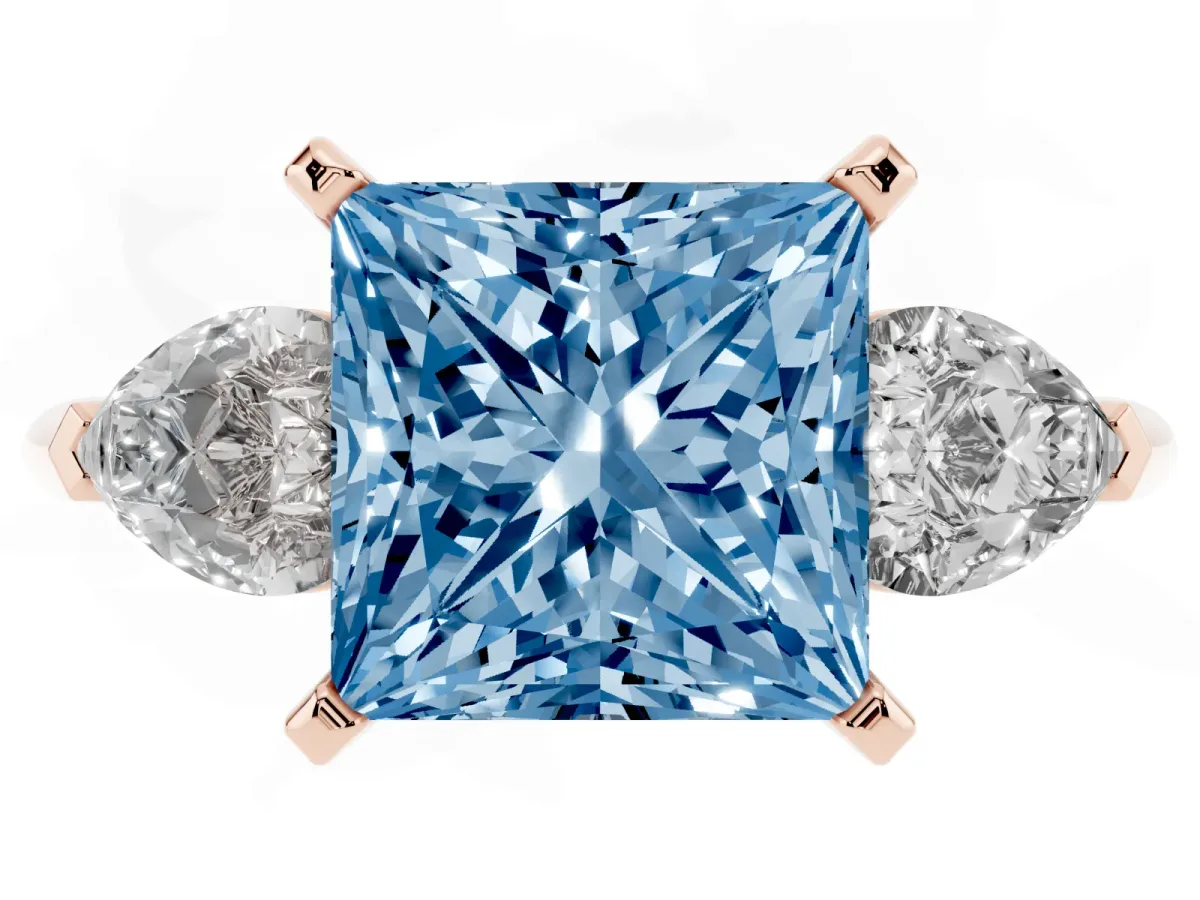 Fancy Blue Three-Stone Princess Cut Diamond Ring with Pear Side Stones and Four-Prong Setting Rose gold