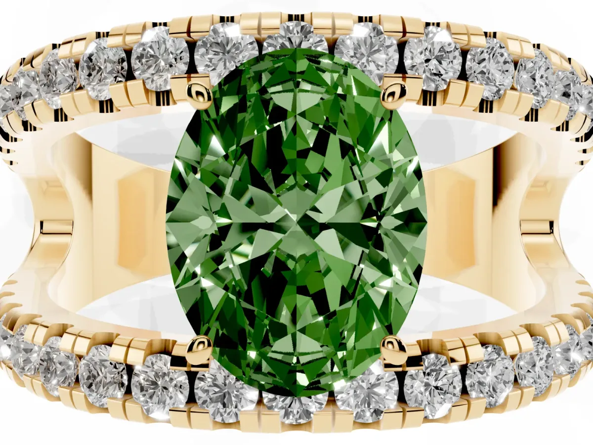 Fancy Green Oval Cut Solitaire Split Shank Pave Diamond Ring Yellow gold