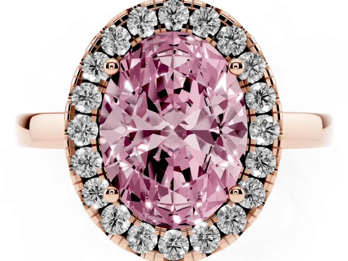 Fancy Pink Oval Cut Halo Diamond Solitaire with Pavé Band and Four-Prong Setting Rose gold