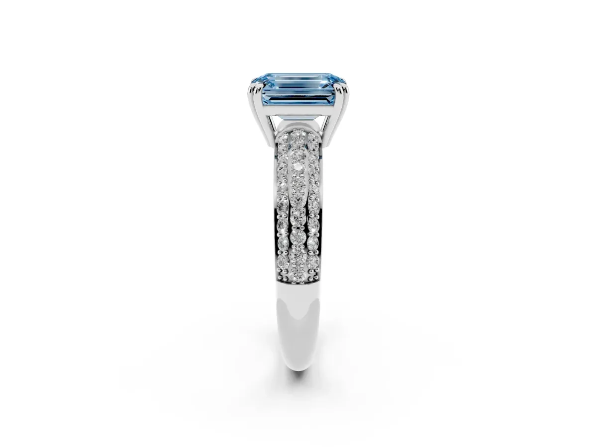 Fancy Blue Emerald Cut Diamond Solitaire Ring with Multi-Row Round Pavé Band and Prong Setting Silver