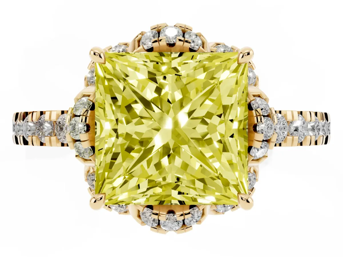 Fancy Yellow Princess Cut Diamond Halo Pave Band with Four-Prong Setting Yellow gold