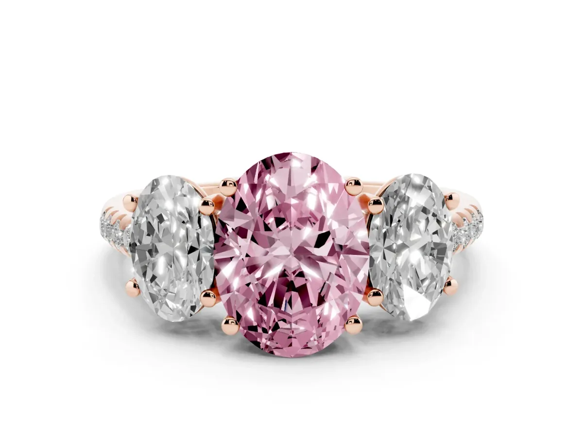 Fancy Pink Three-Stone Oval Cut Diamond Ring with Round Pavé Band and Prong Setting Rose gold