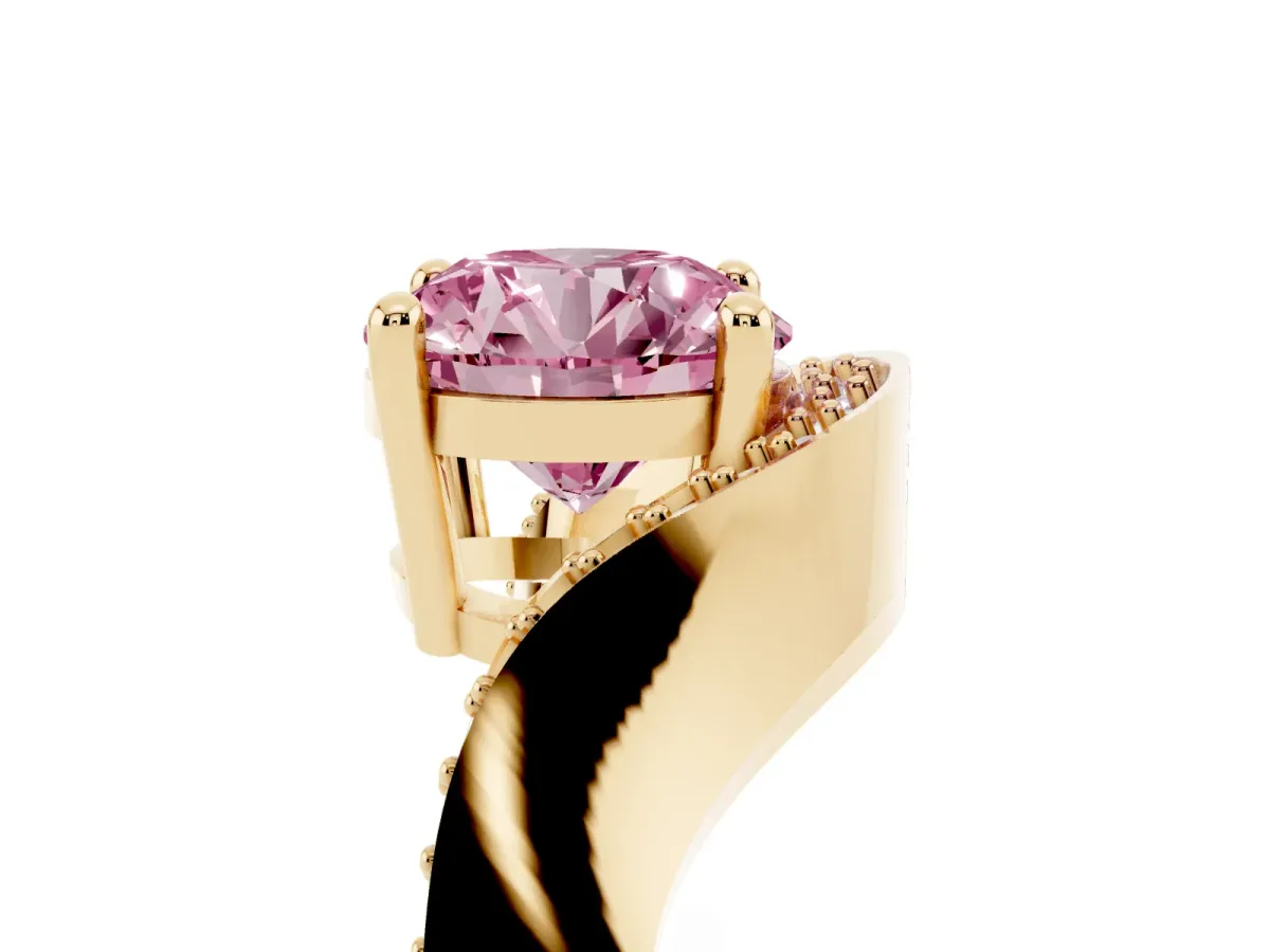 Fancy Pink Round Cut Solitaire Diamond Engagement Ring with Pave Band and Four-Prong Setting Yellow gold