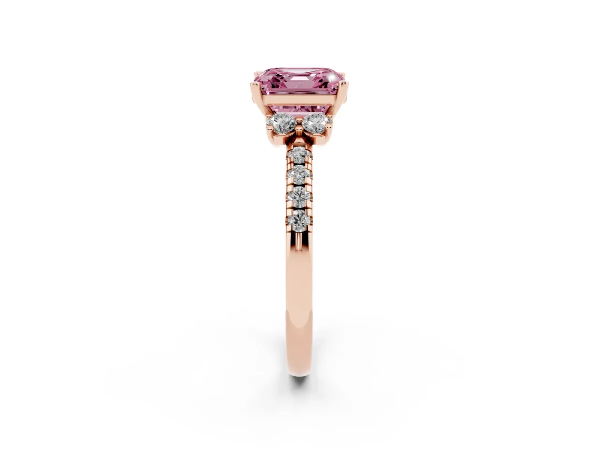 Fancy Pink Asscher Cut Diamond Three-Stone Pave Band with Four-Prong Setting Rose gold