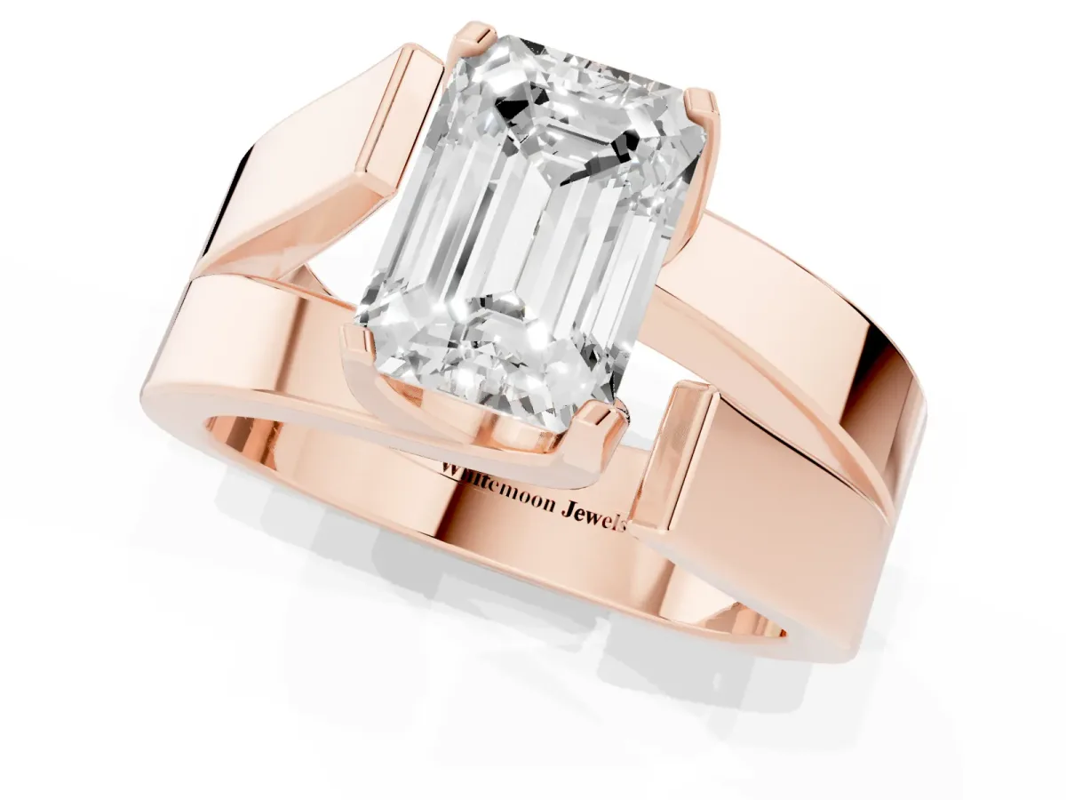 Modern Tension Set Emerald Cut Diamond Solitaire Wide Band Ring Rose gold