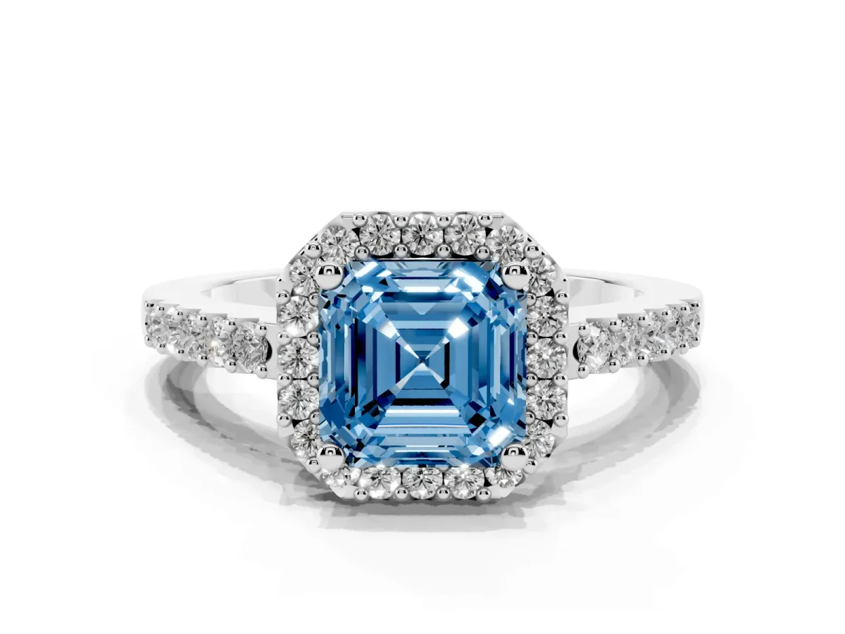 Fancy Blue Asscher Cut Halo Diamond Pavé Solitaire Ring Platinum