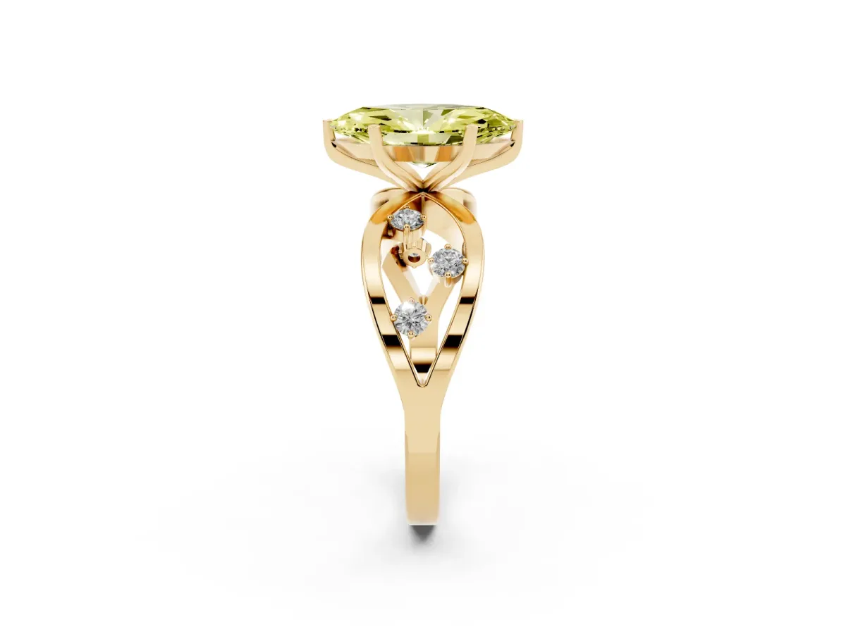 Fancy Yellow Marquise Cut Cut Solitaire Diamond with Side Stones on Criss-Cross Band and Four-Prong Setting Yellow gold