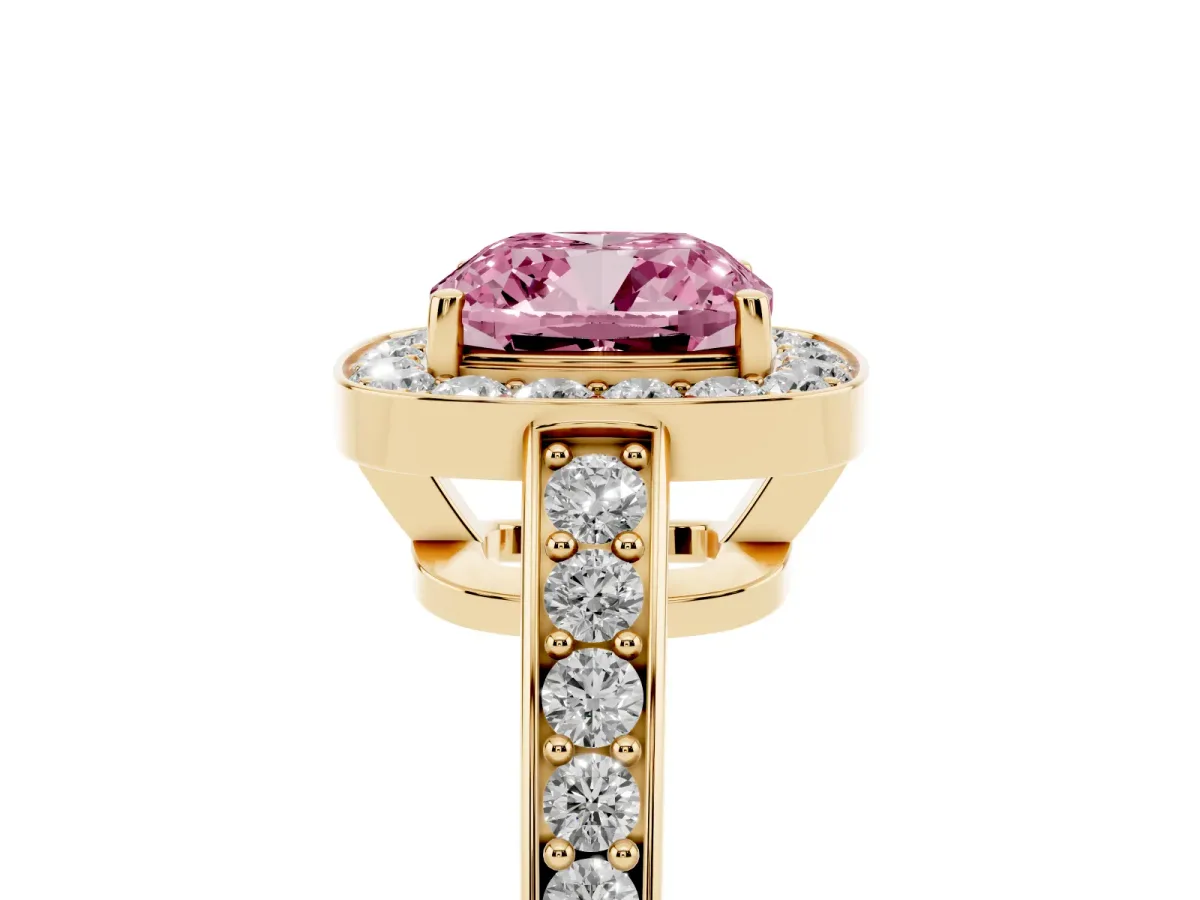 Fancy Pink Cushion Cut Halo Pavé Diamond Engagement Ring with Bezel Setting Yellow gold