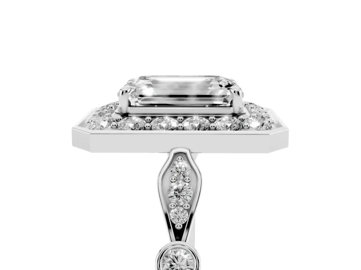 Emerald Cut Halo Diamond Engagement Ring with Twisted Band and Four-Prong Setting Silver