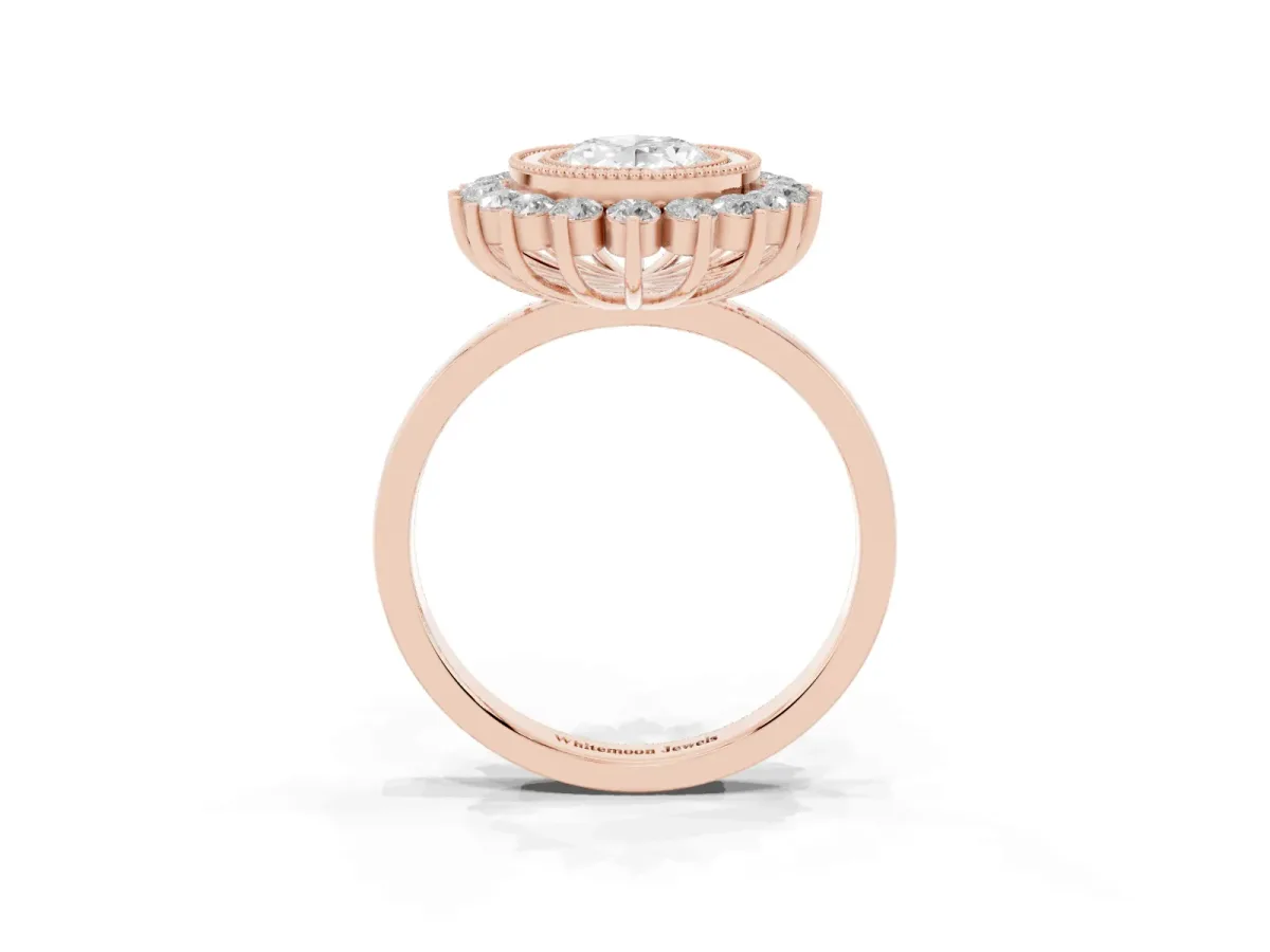 Oval Cut Halo Diamond Ring with Milgrain Edge and Round Prong Setting Rose gold