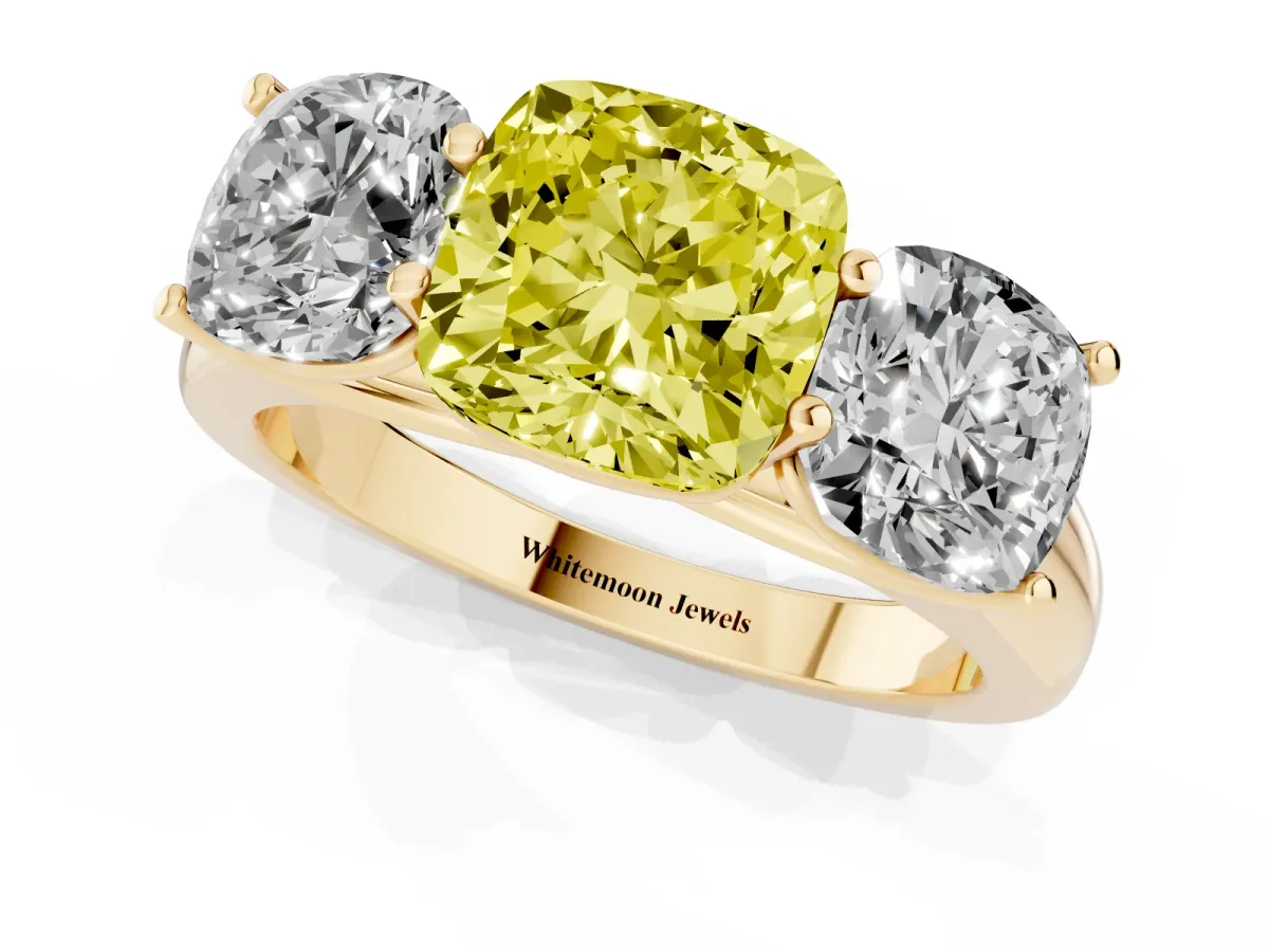 Fancy Yellow Cushion Cut Three-Stone Diamond Ring with Prong Setting on a Classic Band Yellow gold