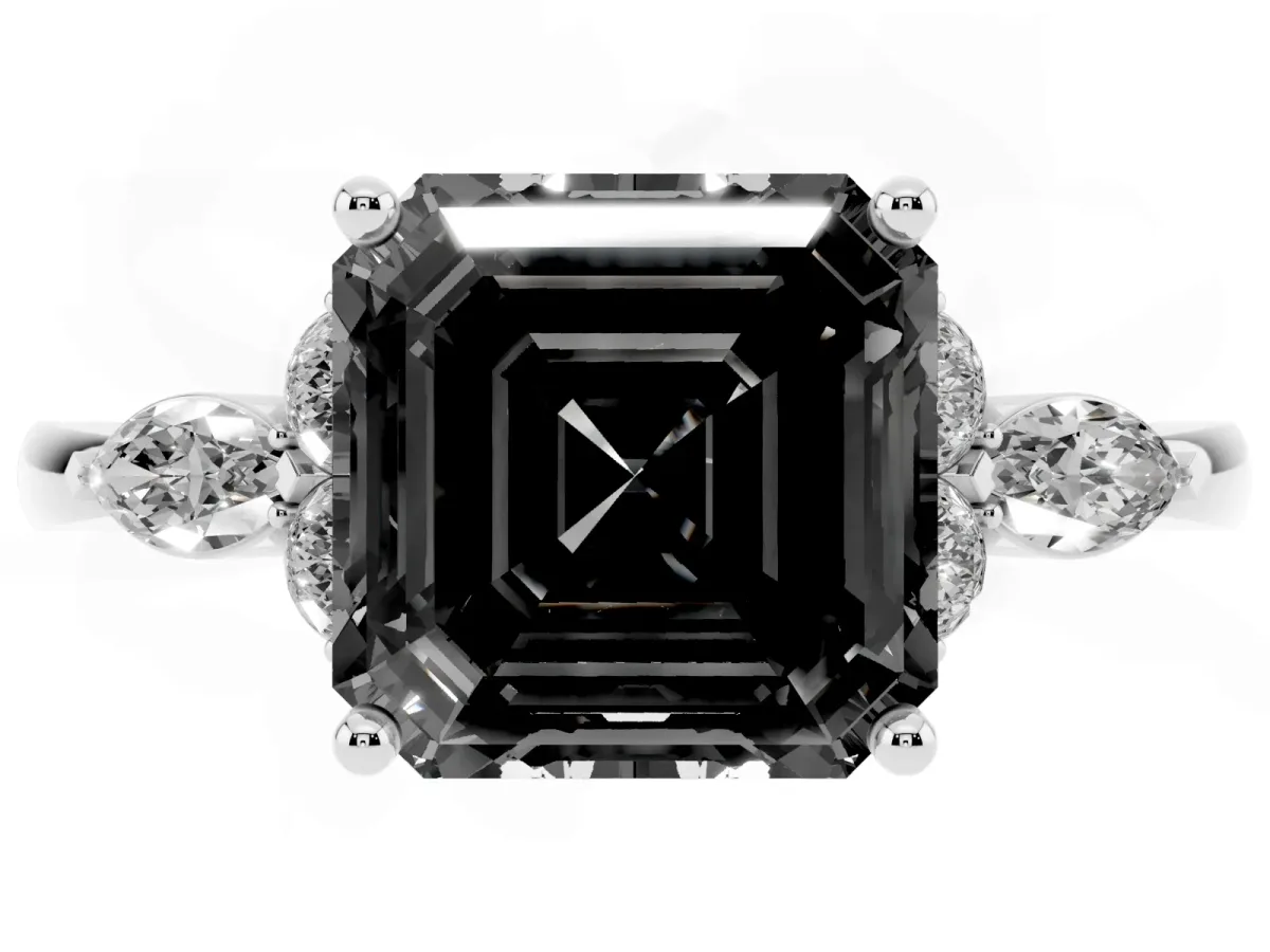 Fancy Black Asscher Cut Brilliant Diamond Solitaire Ring with Pear Side Stones and Four-Prong Setting Silver