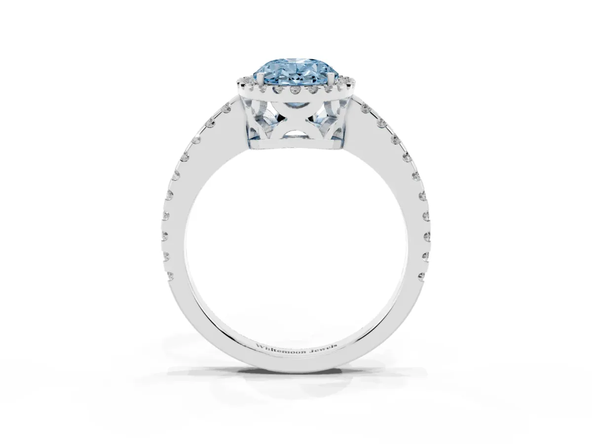 Fancy Blue Oval Cut Diamond Halo Engagement Ring with Pavé Band and Prong Setting Platinum