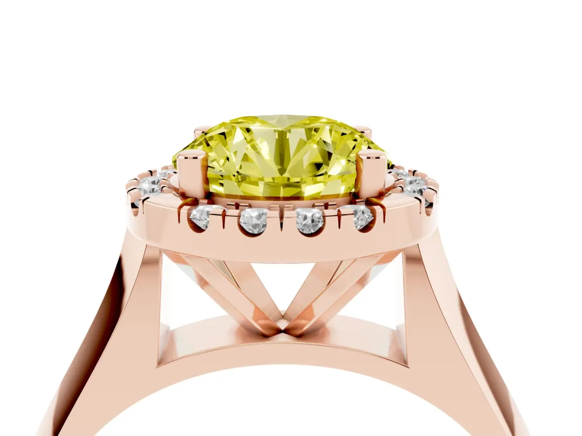 Fancy Yellow Round Cut Cut Halo Solitaire Engagement Ring with Square Band and Four-Prong Setting Rose gold